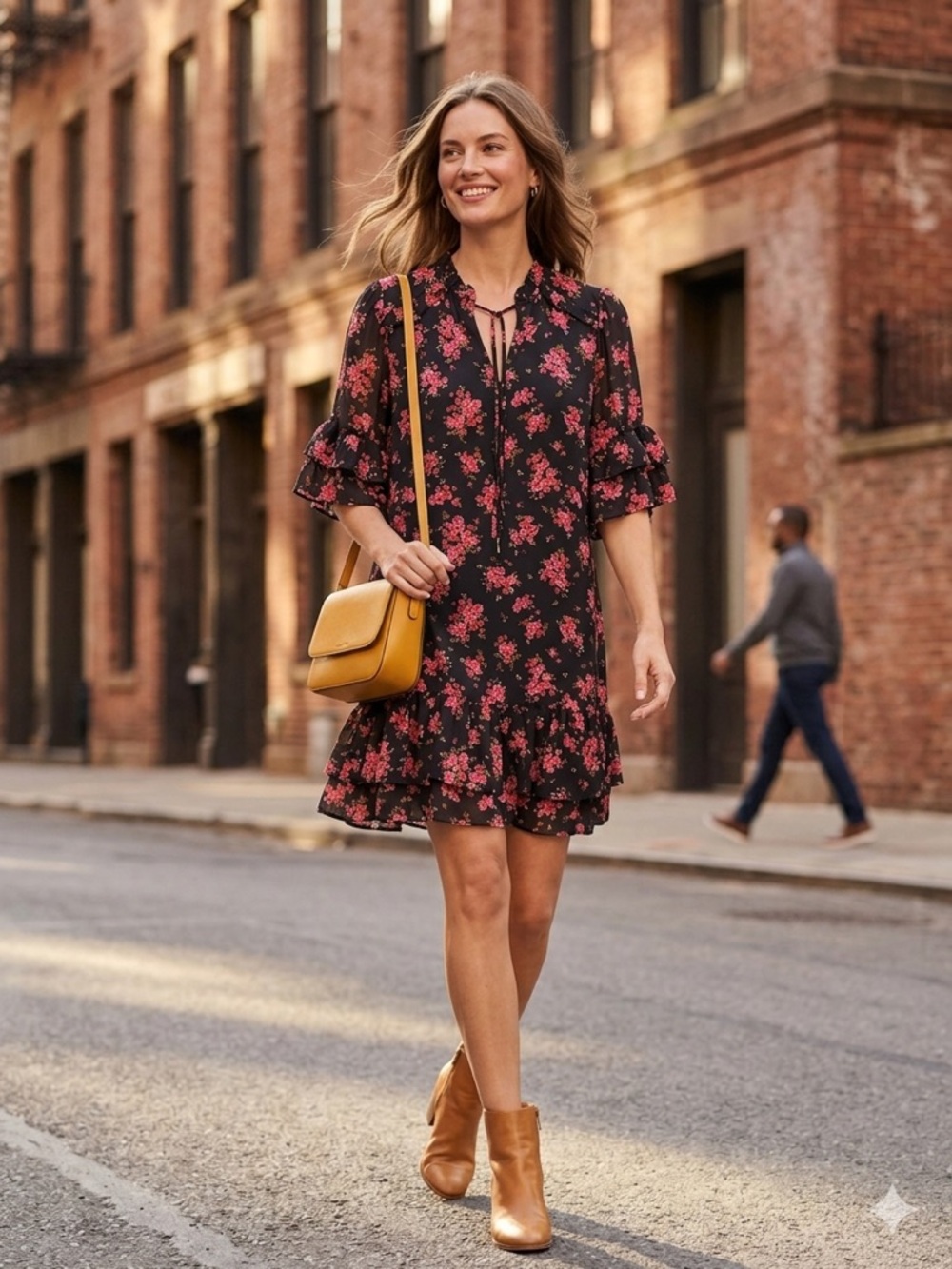 CeCe Floral Dress Medium Black Pink Floral Ruffle Dark Cottage Romantic Boho